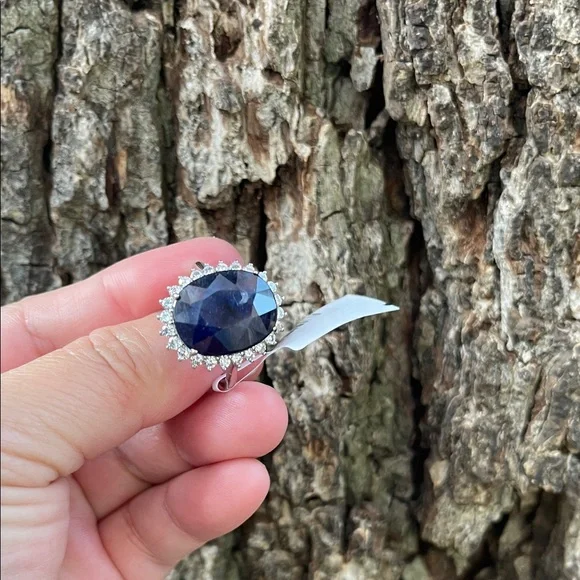 NWT Natural Sapphire 16X13mm CZ accents Statement Ring S10 Unheated/ Untreated - Picture 3 of 14